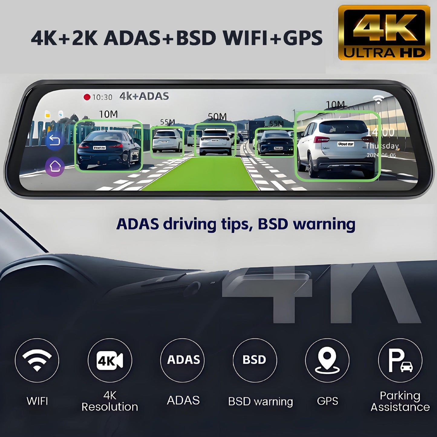 10β 4K Mirror Dash Cam, 2K Rear Camera