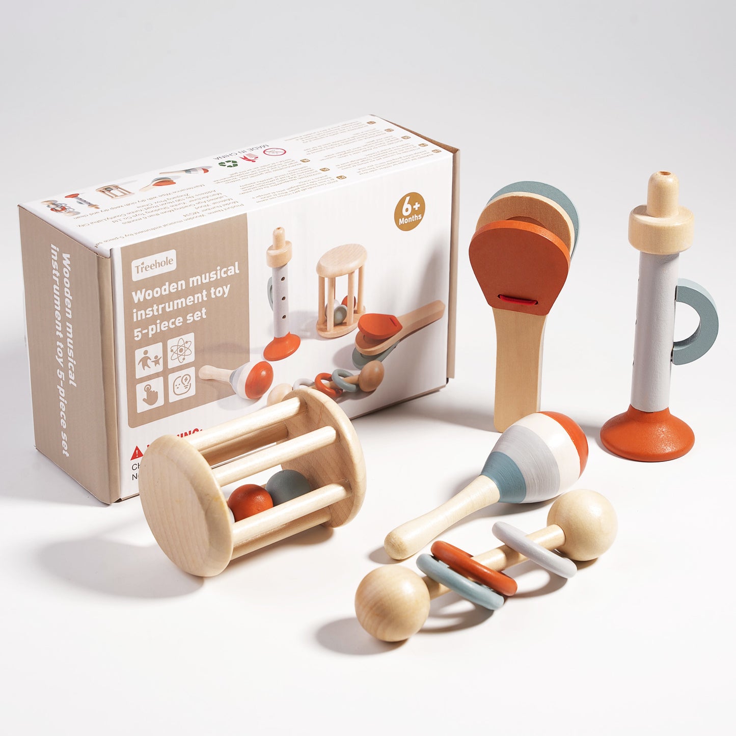Wooden Orff Instrument Set for Kids β Includes Rattle, Maraca, Bell, Trumpet, and Bed Bell β Early Learning Musical Toy for Toddlers