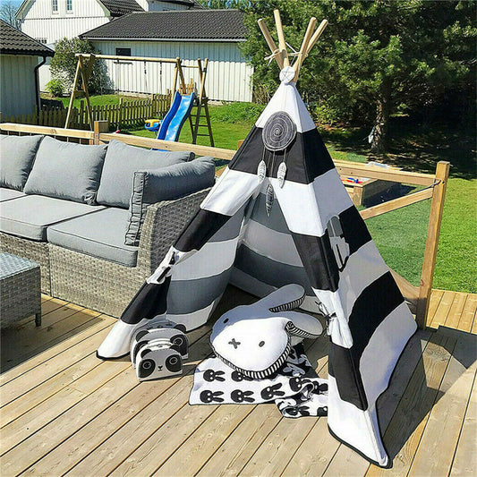 Kids Teepee Tent Linen Wood - Black White Stripe -Indoor and Outdoor