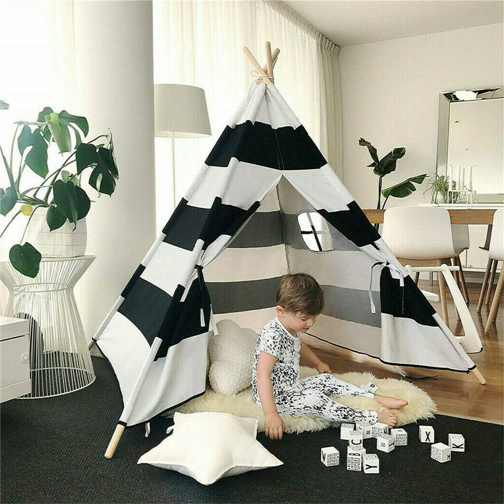 Kids Teepee Tent Linen Wood - Black White Stripe -Indoor and Outdoor