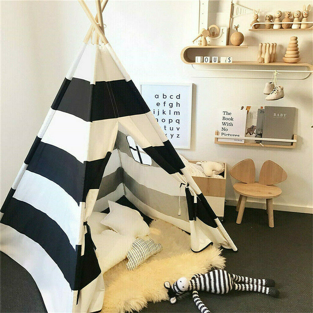 Kids Teepee Tent Linen Wood - Black White Stripe -Indoor and Outdoor