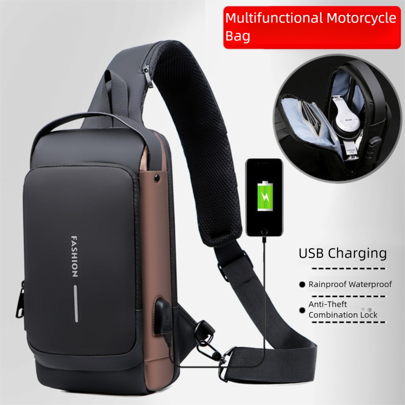 Black and Brown Men's Anti-Theft Crossbody Sling Bag with USB Charging Port