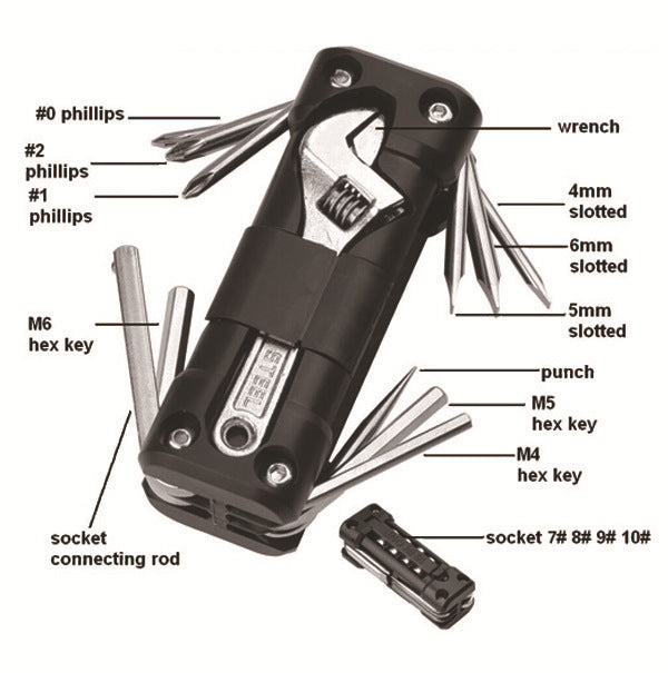 Black Versatile 16-in-1 Bike & Motorcycle Multi-Tool